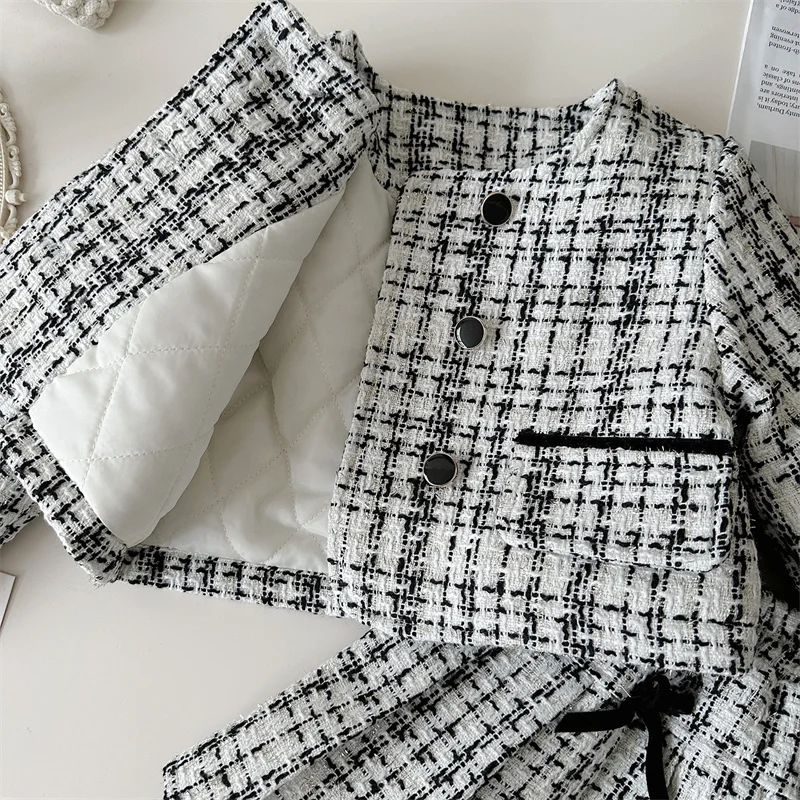 Ms-271 2025 Boutique Fall Baby Girl Winter Clothes Set 2-3 Years Plaid Jackets+Skirts 2 Pcs Set Korean Dress for Girls Kids