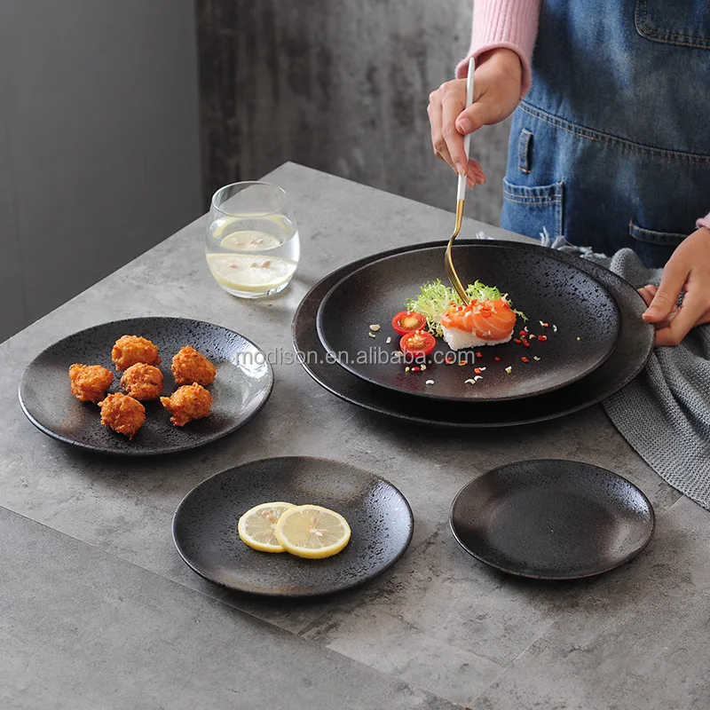 Ceramic Black Dinner Steak Plate Japanese Restaurant Fried Rice Plate Household Dinnerware Plates Set