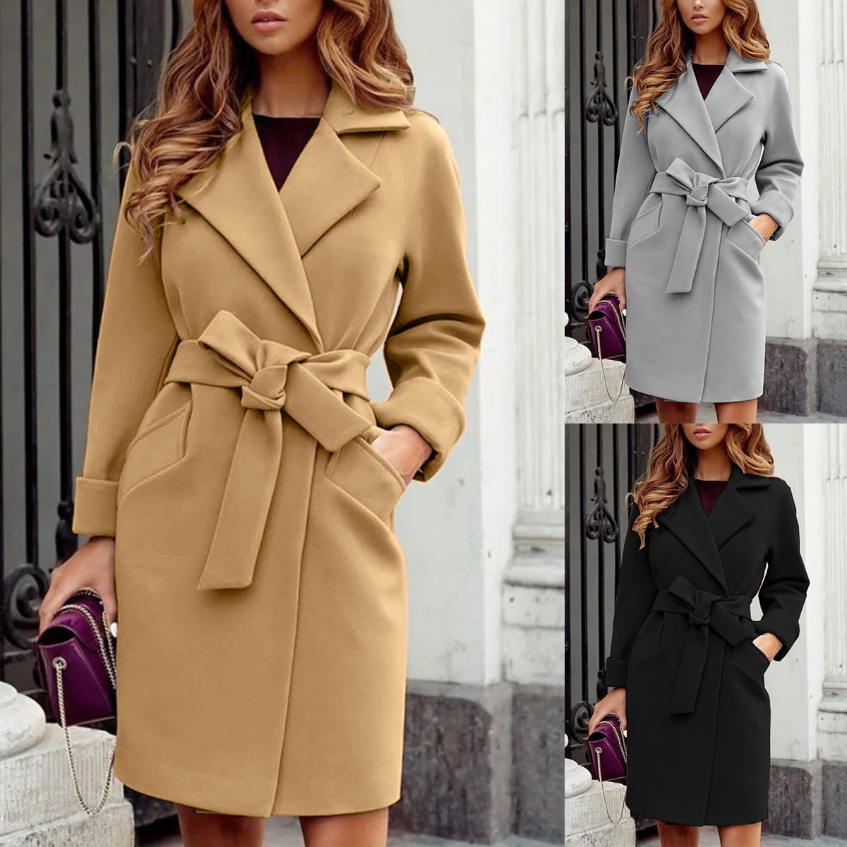 Women Elegant Long Wool Coat With Belt Solid Color Long Sleeve Chic Outerwear Ladies Casual Winter Coat