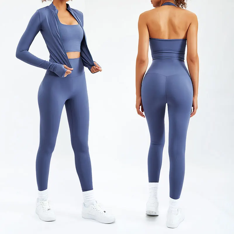 3Pieces Women Home Gym Fitness Set Workout Slim Fit Coat Wear Clothing Suit Sport Bra Yoga Legging Zip Long Sleeve Yoga Set