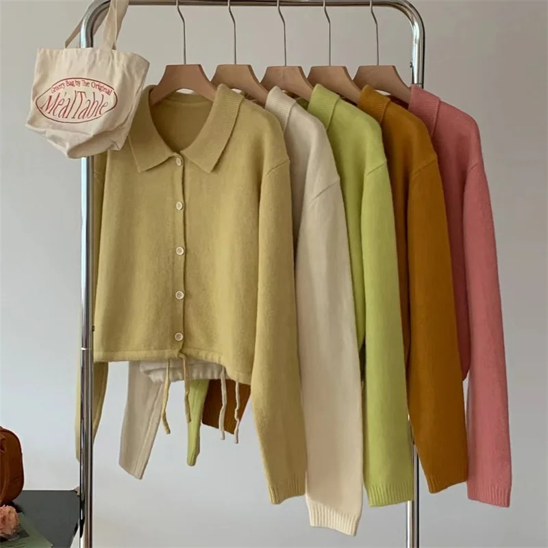 Spring casual simple basic polo neck  button cardigan crochet jacket woman drawstring frenum knitted sweater cardigan