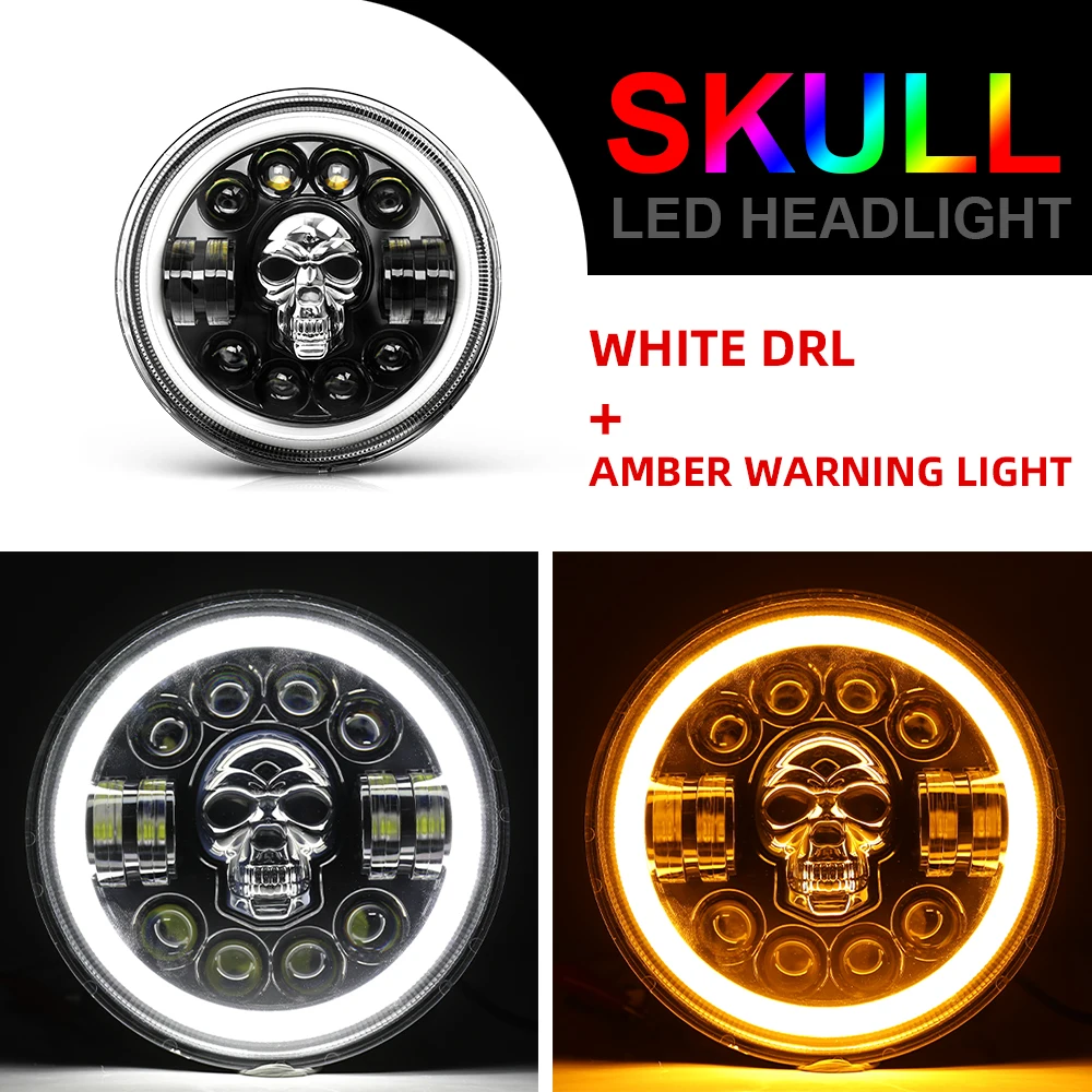  Dot E9 Skull RGB Super Bright LED Lamp Angle Eyes Daymaker Halo Ring DRL Round Motorcycle 7 Inch Headlights for Wrangler