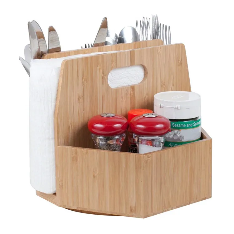 Portable desktop bamboo napkin holder with salt and pepper shakers caddy