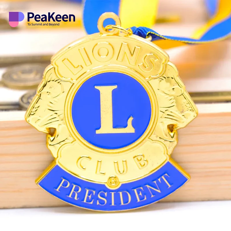 Custom Zinc Alloy Material Lion Club Matt Gold Color 3d Souvenir Medal With Epoxy