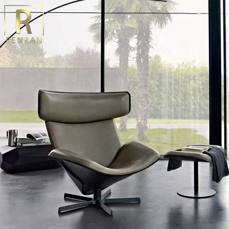 latest Italian design luxury home furniture accent chair elegant metal modern single revolving lounge chair with stool