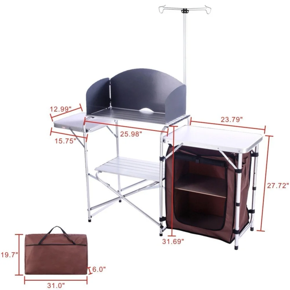 Outdoor Portable Cooking Cook Kitchen Windscreen, BBQ, Party Station Aluminum Floding Camping Table
