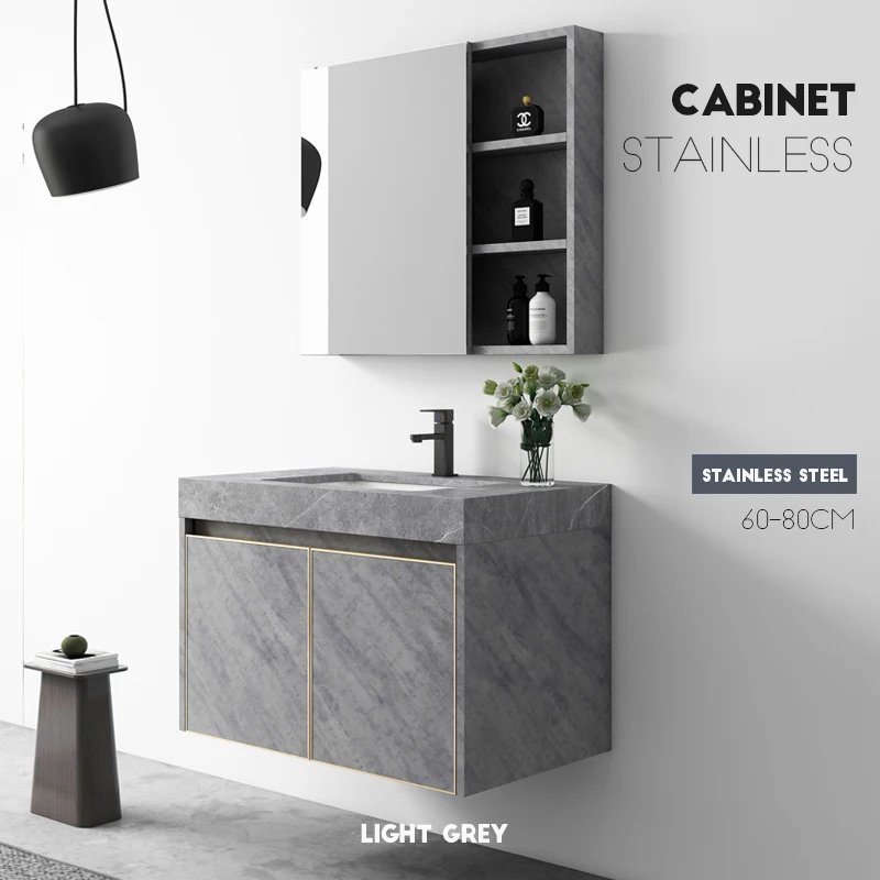 2022 Modern Bathroom Cabinet Stainless steel bathroom vanity with sink   Wholesale Bathroom Furniture  with  led mirror cabinet