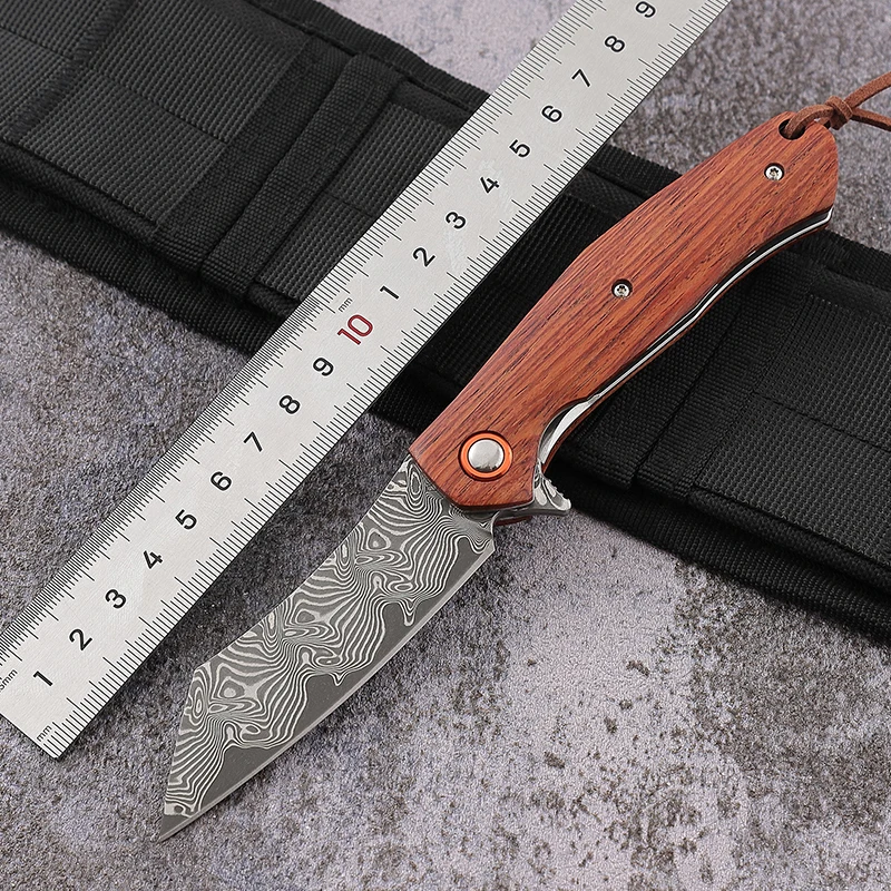 Free Sample Quality Damascus Blade EDC Pocket Knife Customized Folding Wooden Handle Camping Survival OEM Gift Collection Knife
