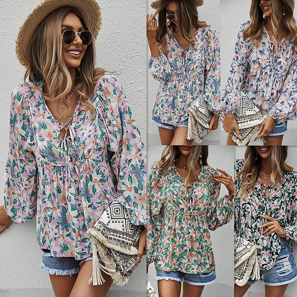 Ladies boho chic blouse and tops shirt ladies v neck lace tie hollow out bohemian cute tops blouse shirt boho clothing