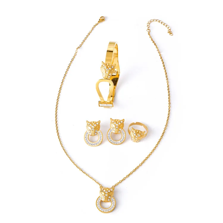 Luxury Leopard Head Pendant Necklace Earrings Open Bracelet Ring Stainless Steel Zirconia Jewelry Set For Women Party Gift