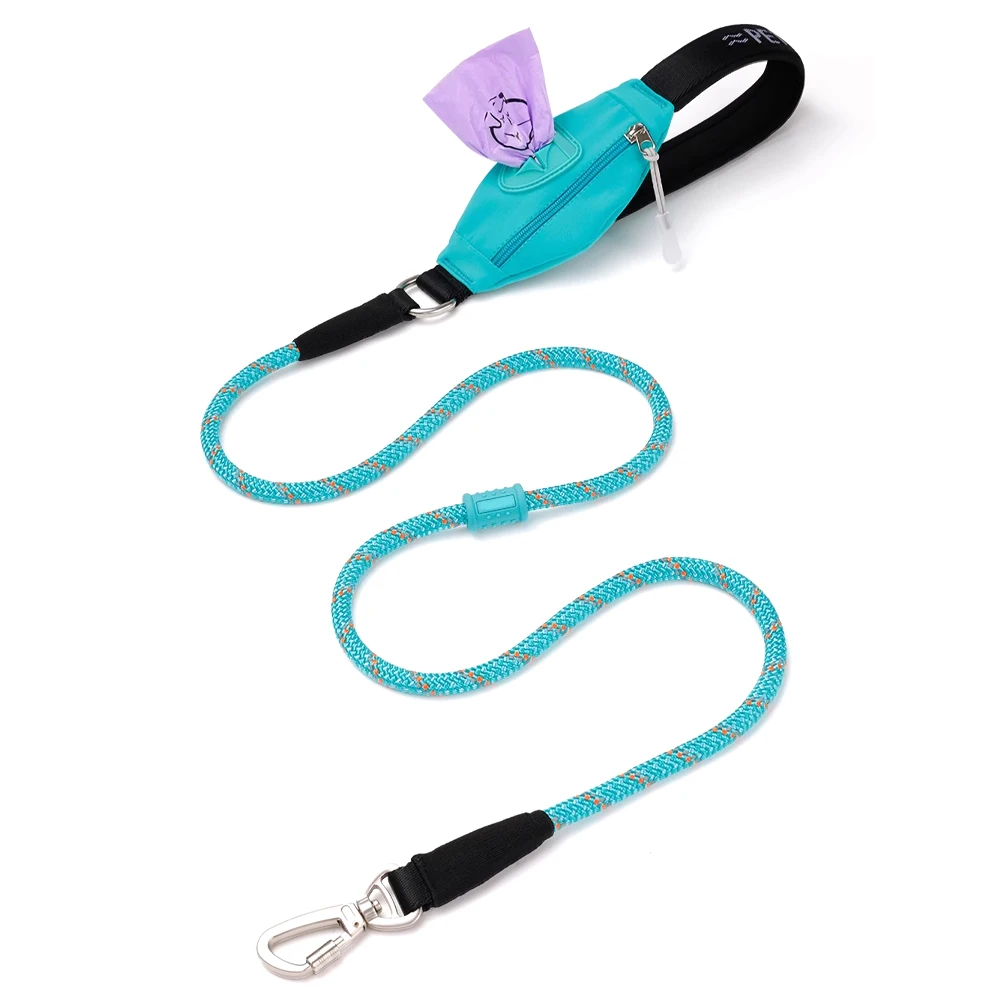 High Quality Customize Durable Polyester Round Rope Soft Padded Handle Dog Leash With Bag For Dogs Running Hiking Walking