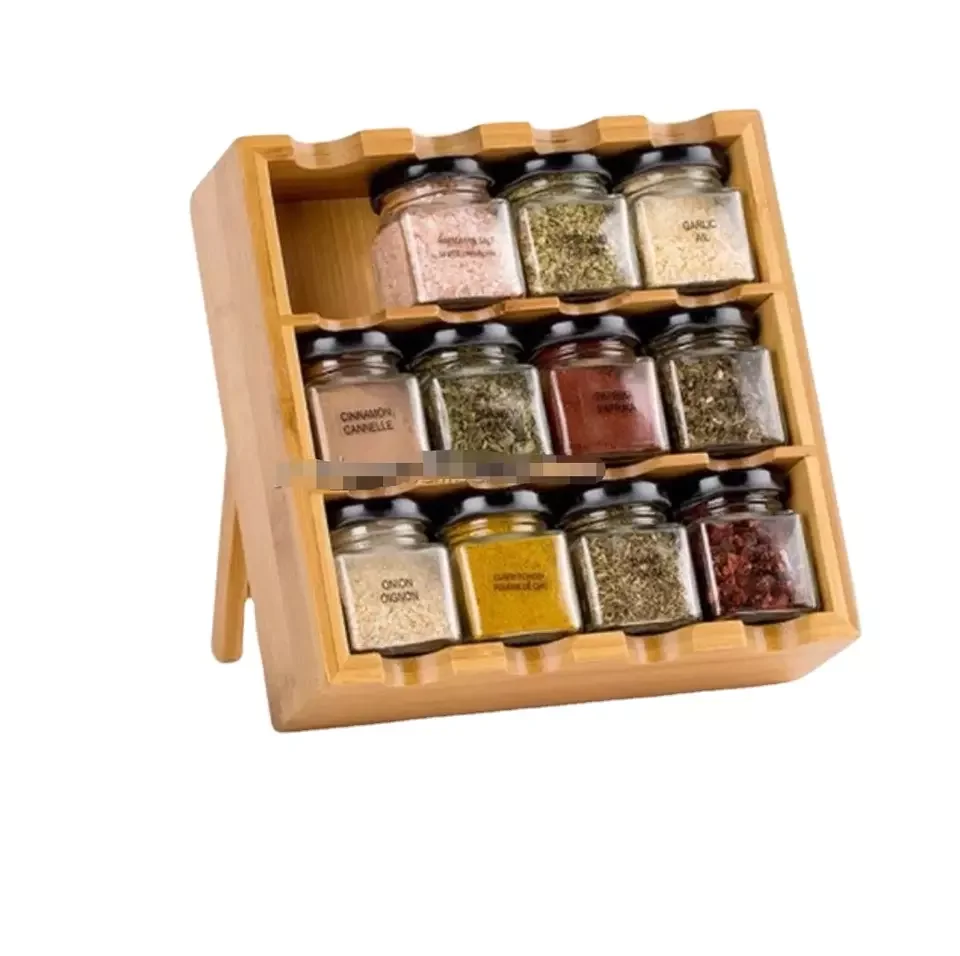 space-saving,12-Cube Bamboo Inspirations Spice Rack with glass jars Shelf Organizer can stand and hang on the wall