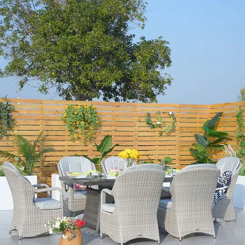 6 seat Modern Ice Bucket Gas Fire Pit Rectangular Dining Set-Brown Outdoor Rattan Furniture Chairs And Tables