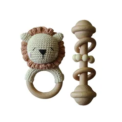 4 Pcs Set Baby Gift  Toy Cute Animal Lion Crochet Rattle Wood Dummy Clip Pacifier Chain Silicone Wooden Teether Baby Toy Set