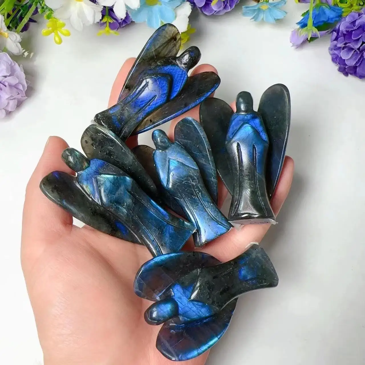 Flashy Crystal Angel Carving Natural Hand Carved Labradorite Crystal Craft Angel Figurine