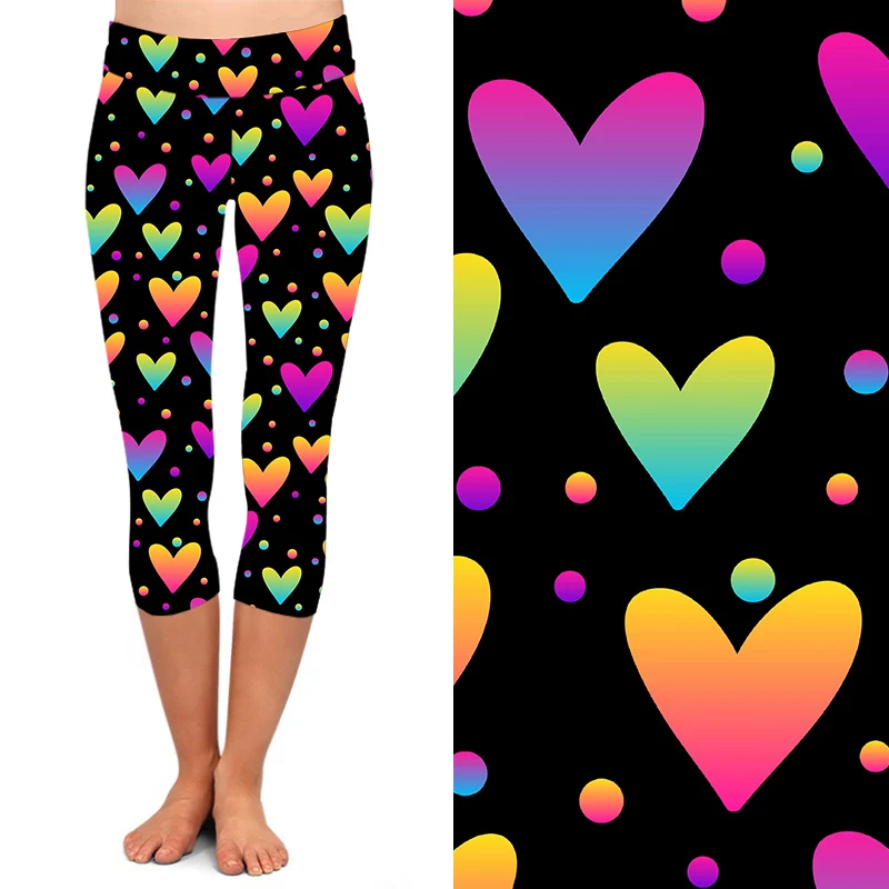 China Factory Wholesale Women Colorful Heart Printed Capri Leggings Buttery Soft Peach Skin Capri Leggings For Women