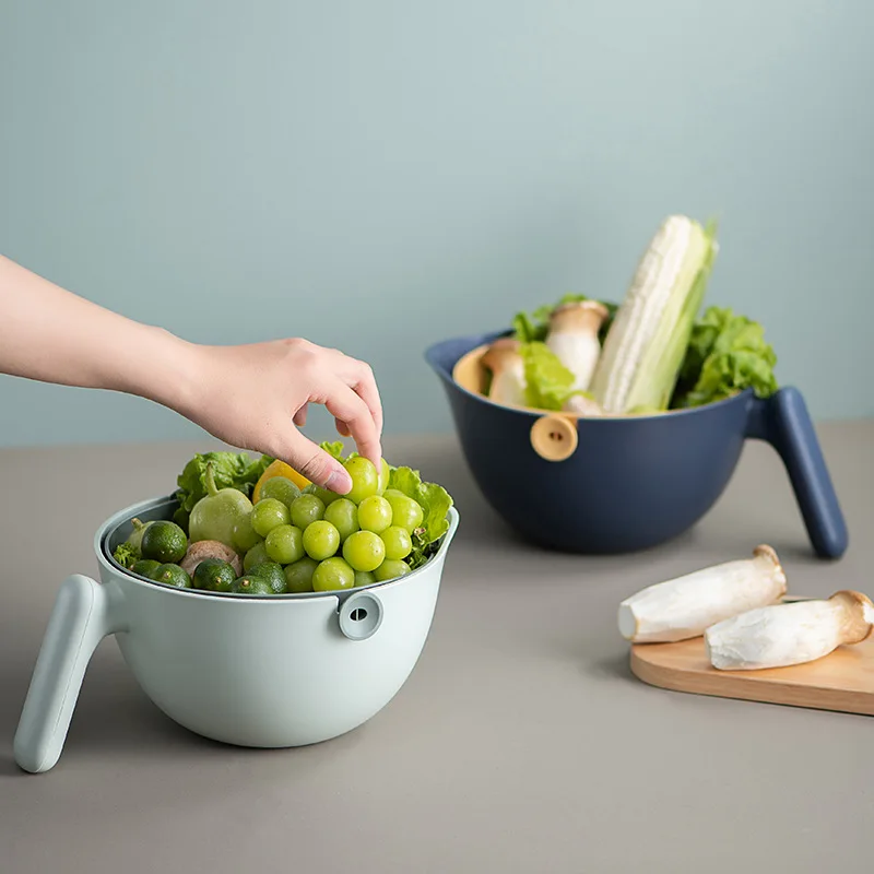 2 In 1 Double Layer Vegetable Fruit Plastic Kitchen Drain Basket Strainer Bowl with Handle