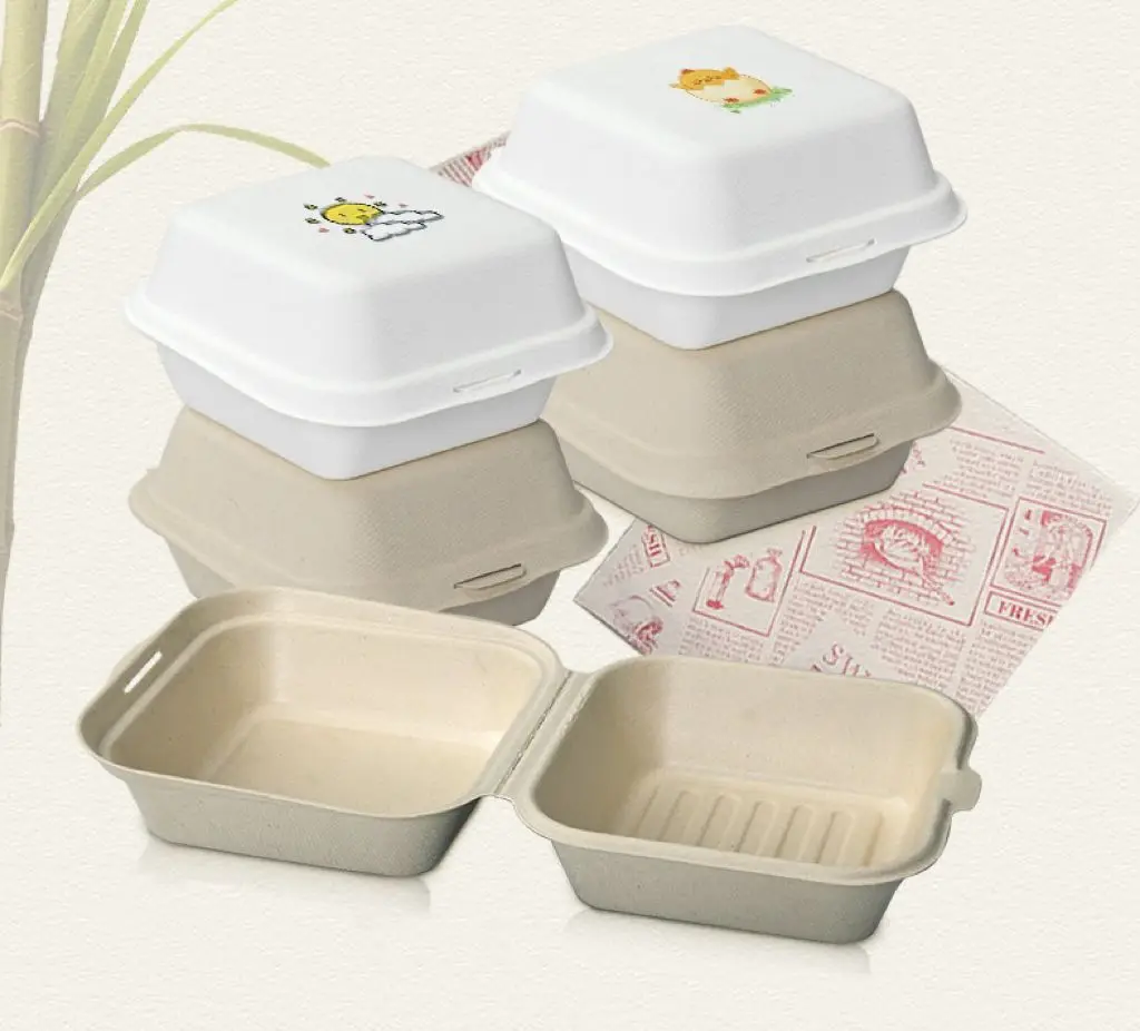 Custom printed disposable paper plates clamshell bagasse sugar cane  packaging bio degradable takeaway food container