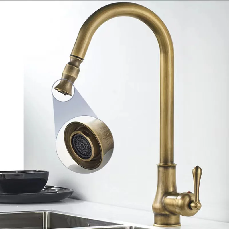 Modern Single Handle Flexible Pull Down Sprayer Copper Antique Brass Kitchen Sink Faucet