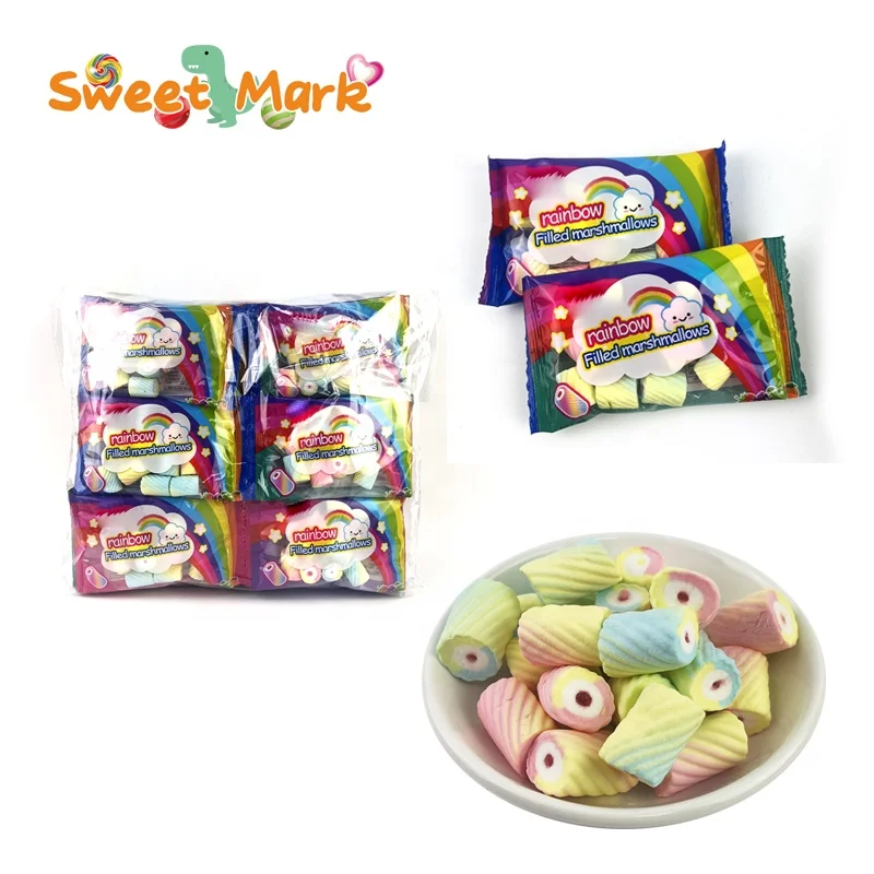 Rainbowwww marshmallow halal pillow shape sweet soft cotton candy filled jam