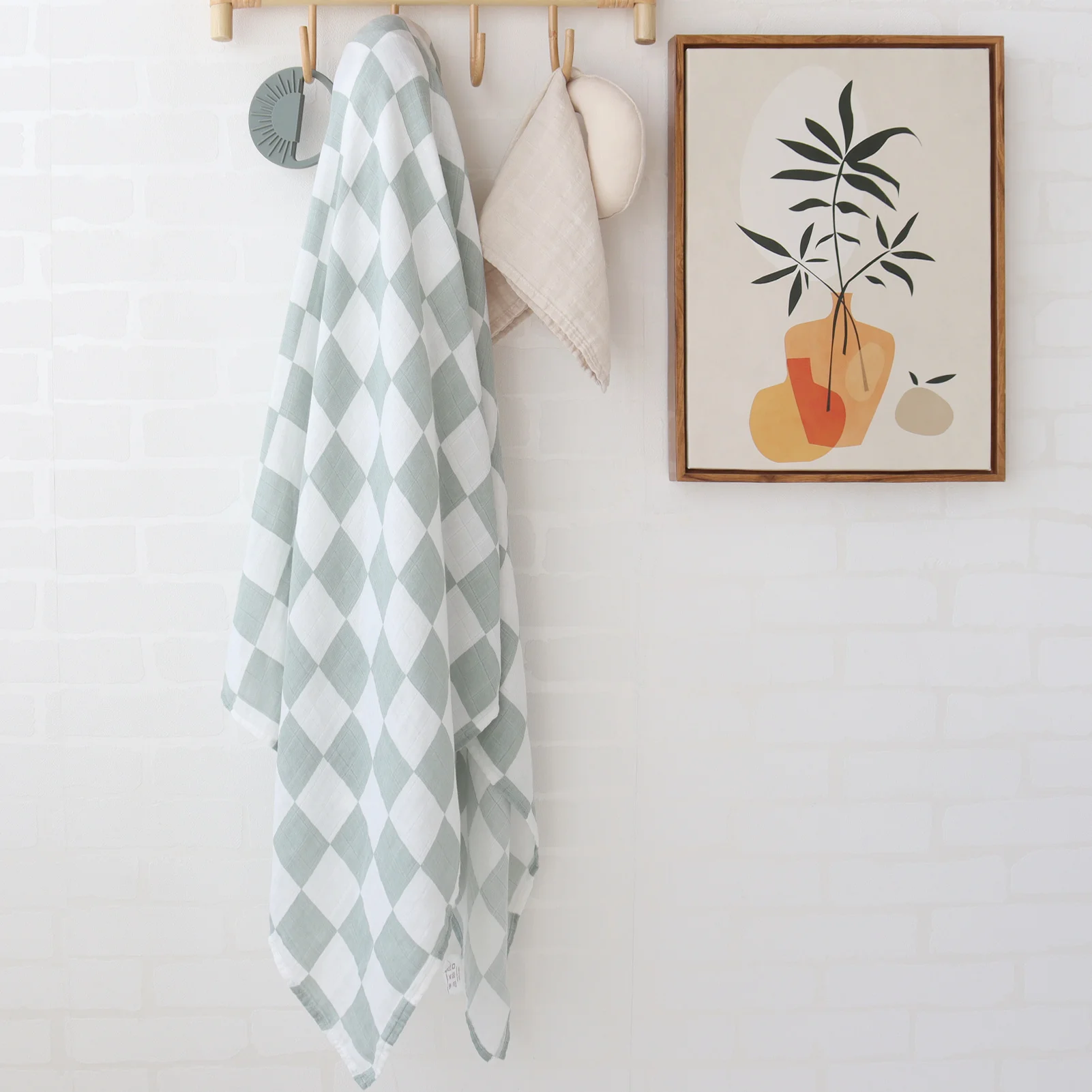 2023 New Custom 2 Layers For Newborn Baby Green Checker Bamboo Cotton Baby Muslin Swaddle Blanket Warp Headband Beaine Set