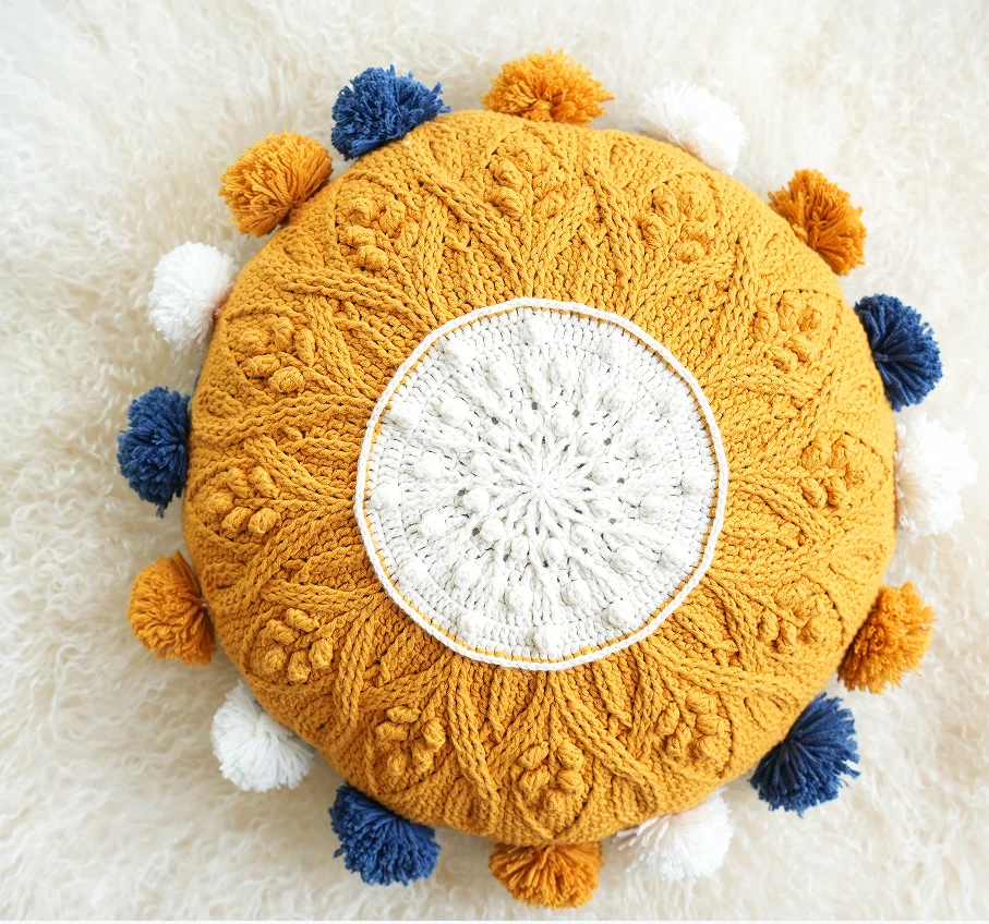 Knitted Throw Pillow Round Couch Pillow Sofa Cute Cushion Handmade Pompoms Decorative Plush Pillow