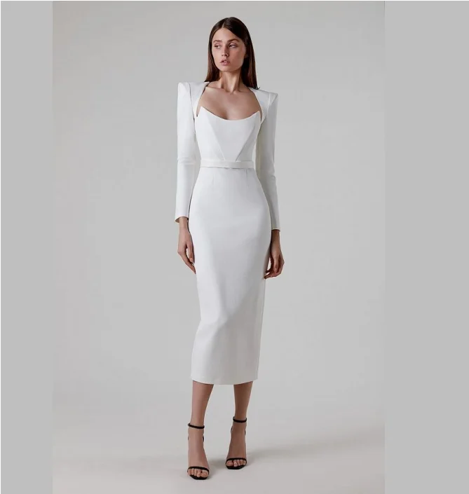 High Quality Long Sleeve Shoulder Pads Knitted Solid Color Women Elegant Bandage Dress