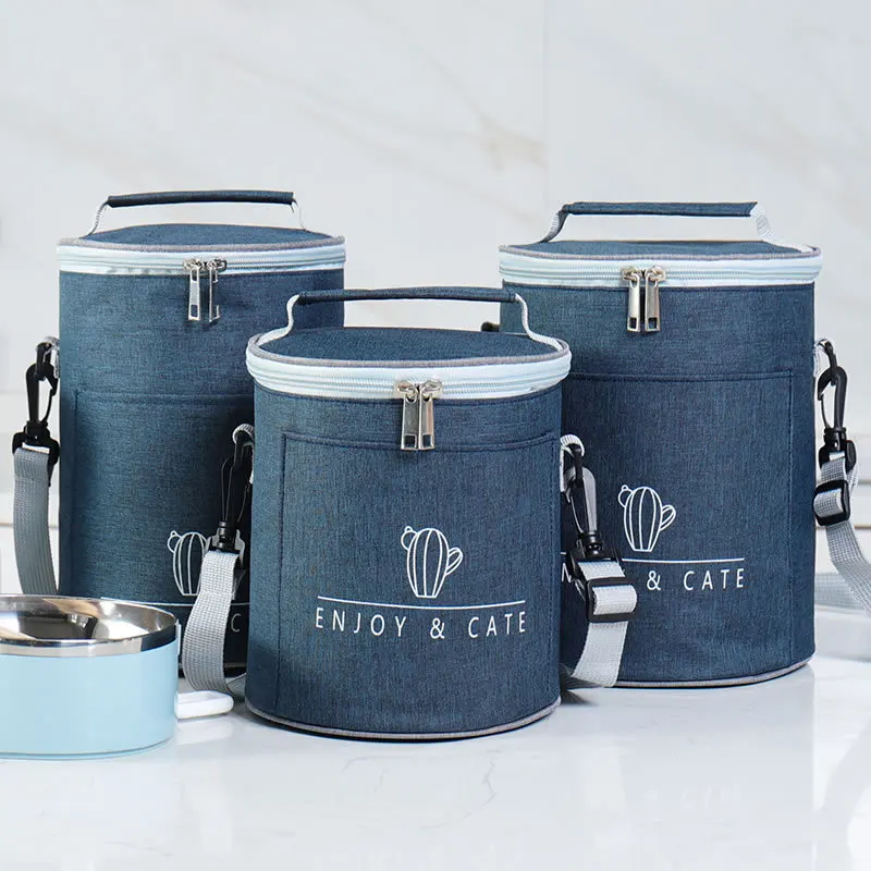 New Style Round Insulated Lunch Bags Portable Cylinder Picnic Cooler Bag for Bento Box and Wine Bottle