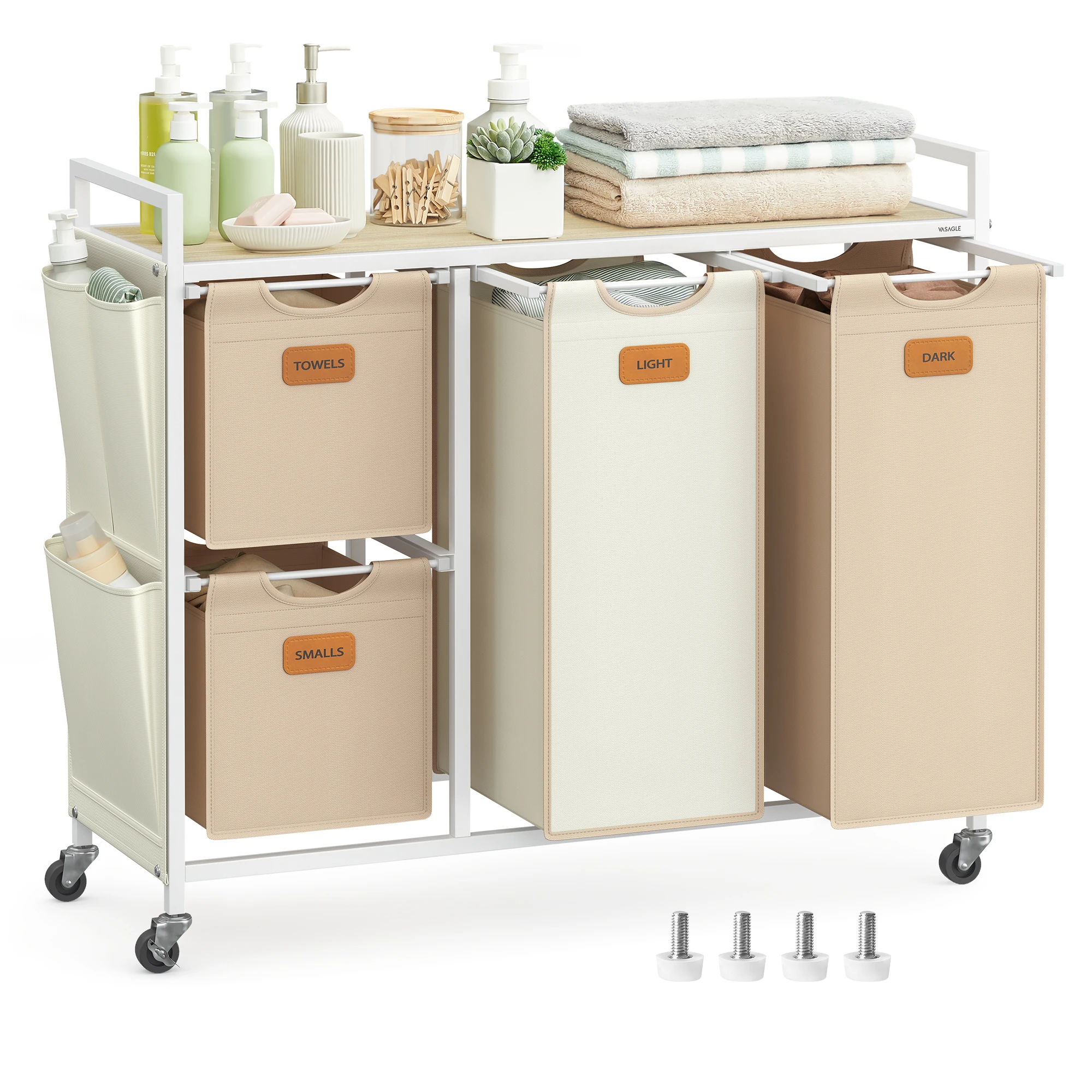 VASAGLE 4 Compartments Laundry Hamper for Bathroom Bedroom Wardrobe 4-Section Laundry Sorter Cart Laundry Basket with Wheels