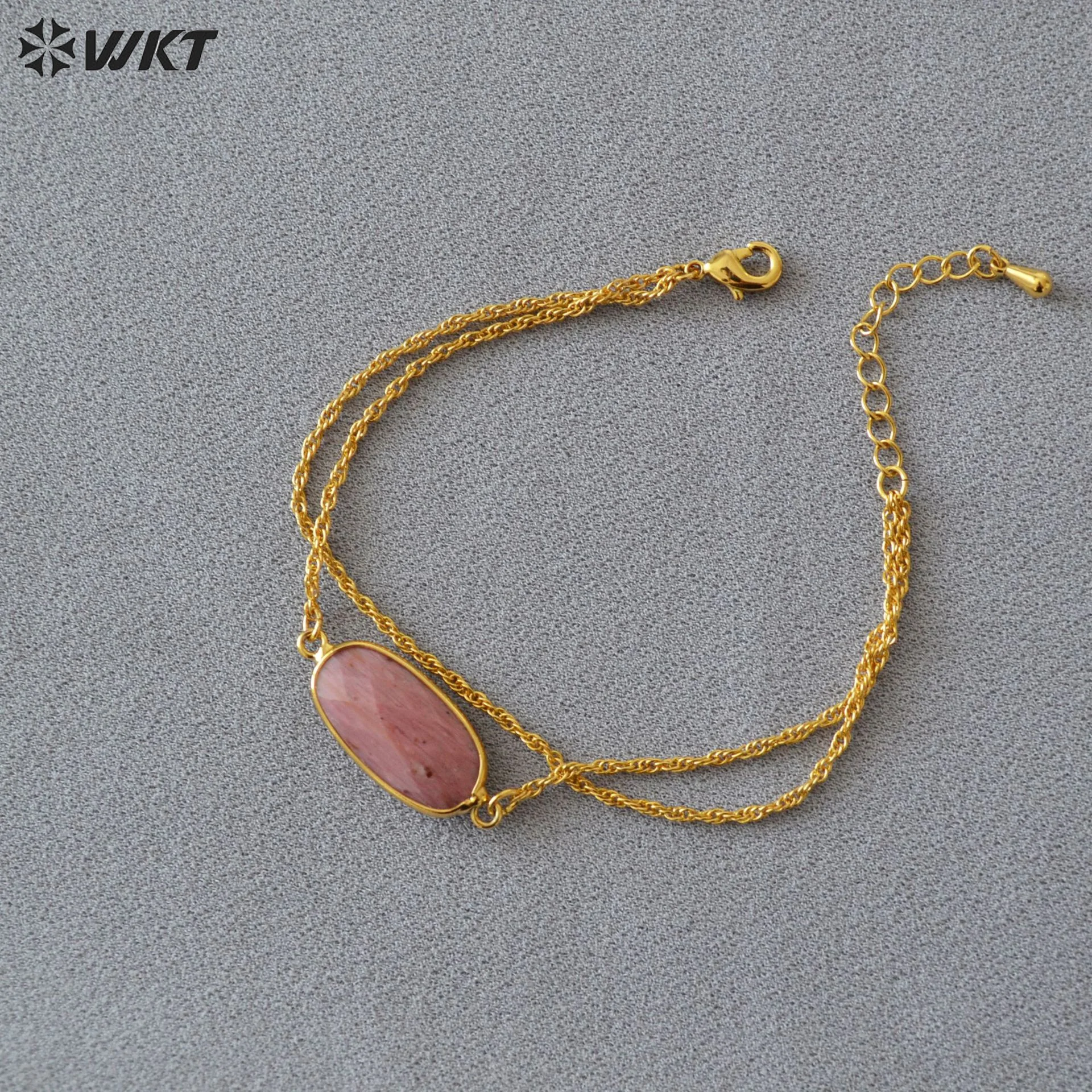 WT-B651 Elegant 18K Real Gold Plated Nickle Free Europe Tiny Connect Rhodonite Stone Bracelet Double Layer Women Chain Wrist