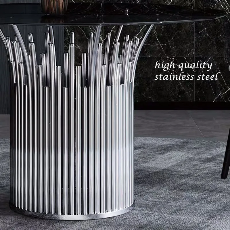 Black round tempered glass dining table with gold silver stainless steel base for home hotel restaurant dining room