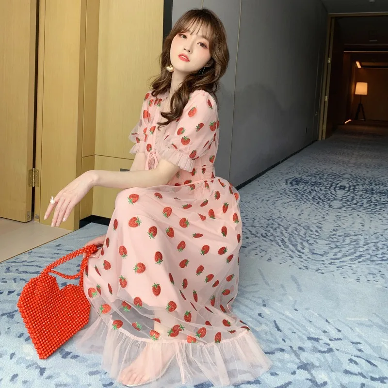 Summer Vacation Dresses Casual Girls Summer Strawberry Printed Pink Sweet Midi Dress