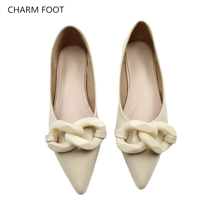 Spring and Summer Net Red Same Style Patent Leather Fashion Chain Tip Shallow Mouth Versatile Flat Sole Single Shoe Women