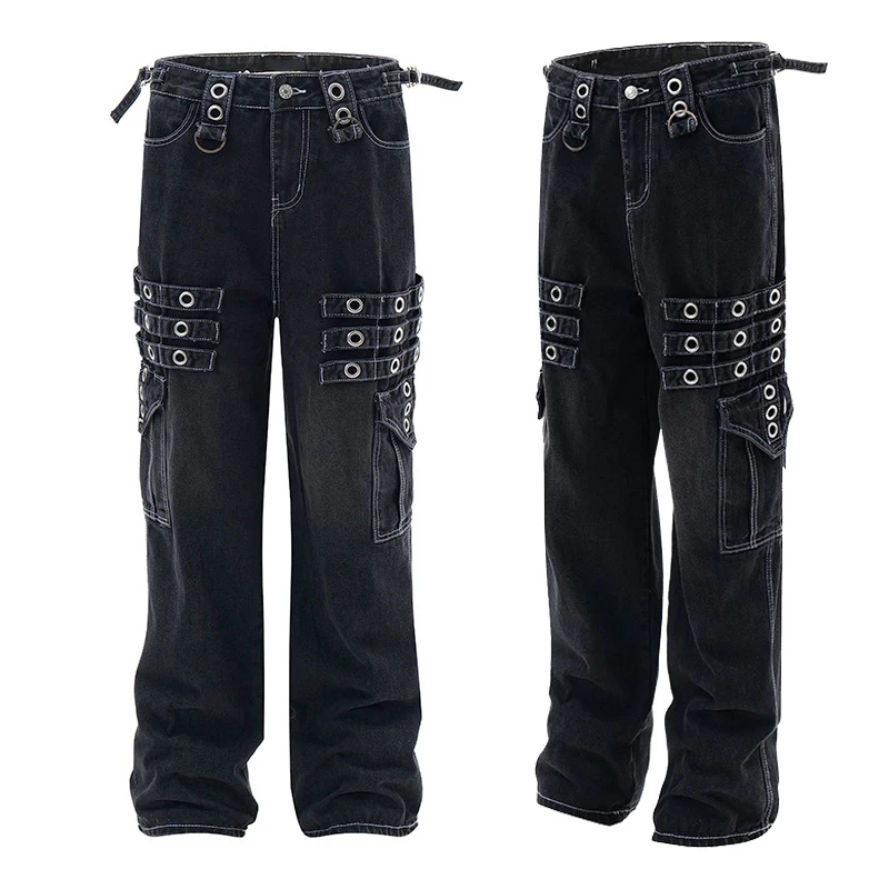 Street Waer Mens Wash Jeans With Multiple Pockets & Metal Ring Sun Fade Denim Pants For Men Cargo Include Elastic Buckle