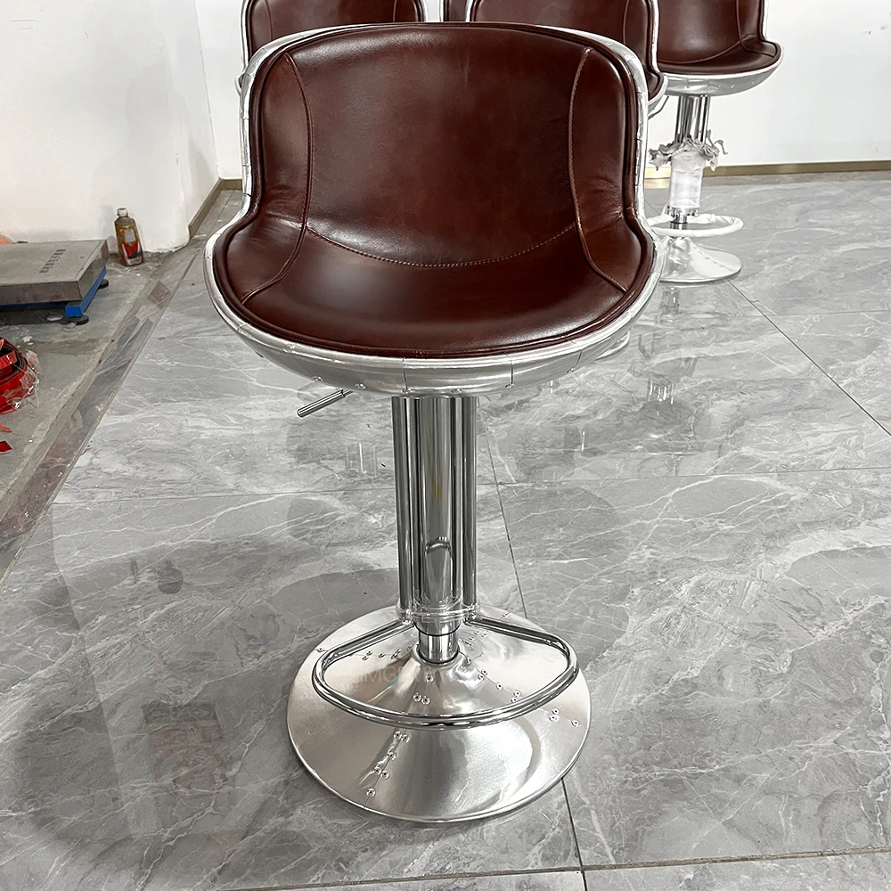 Genuine Leather Aviator Aluminum Barstools Back Leather Swivel Counter Height Chair Adjustable Vintage Bar Stools