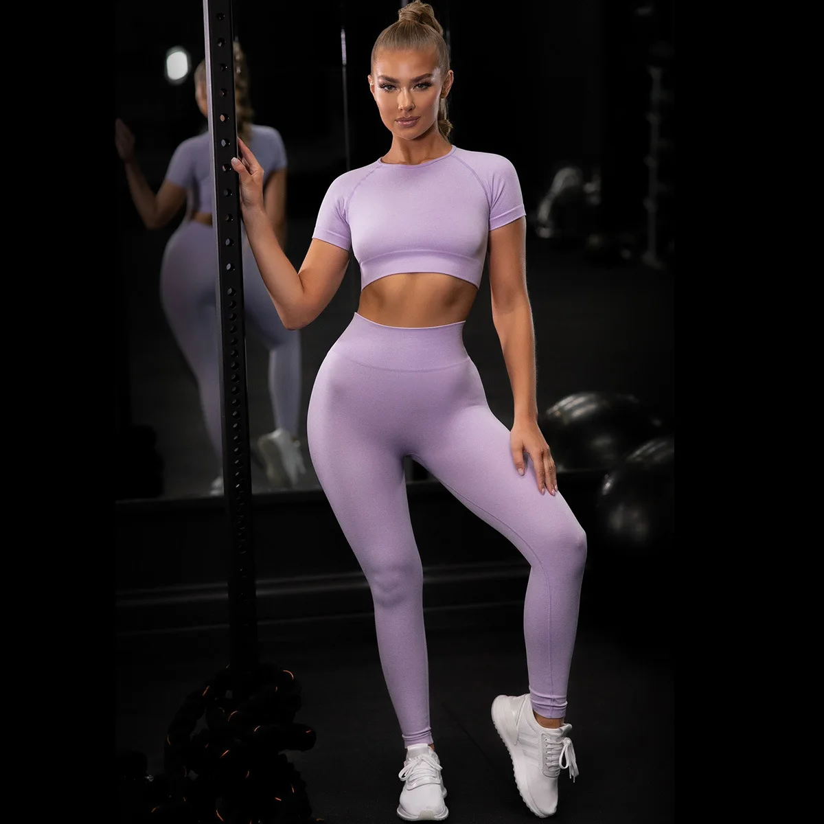 Seamless Custom Logo Yoga Set Short Sleeve Crop Top High Waist Leggings Gym Fitness Set