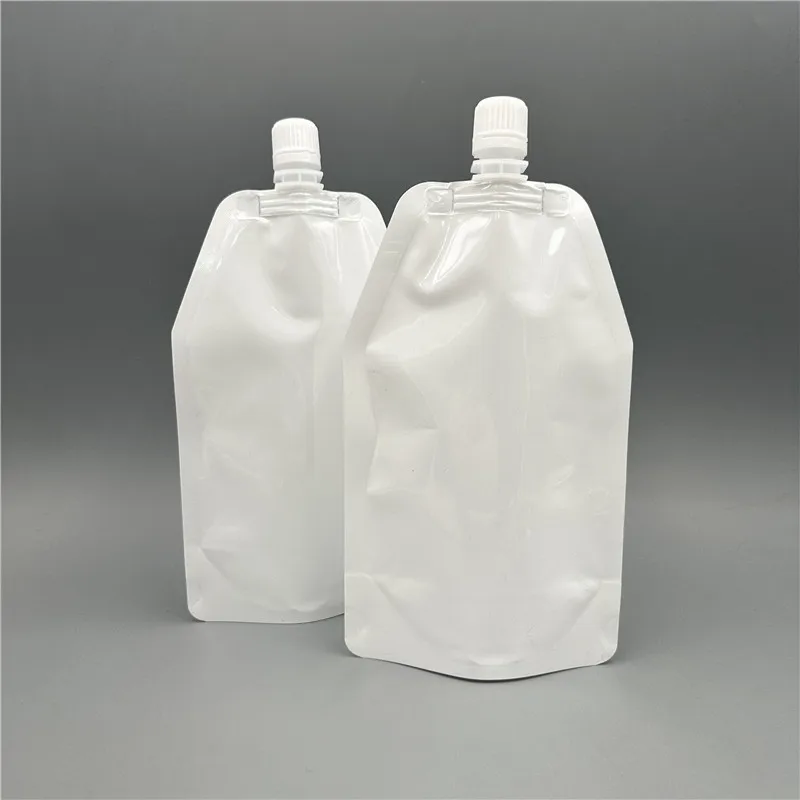 Low MOQ 500pcs Reusable Milky White Shaped Spout 400ml Pouch 13.5 oz Empty Stand Up Pouches Refill Liquid