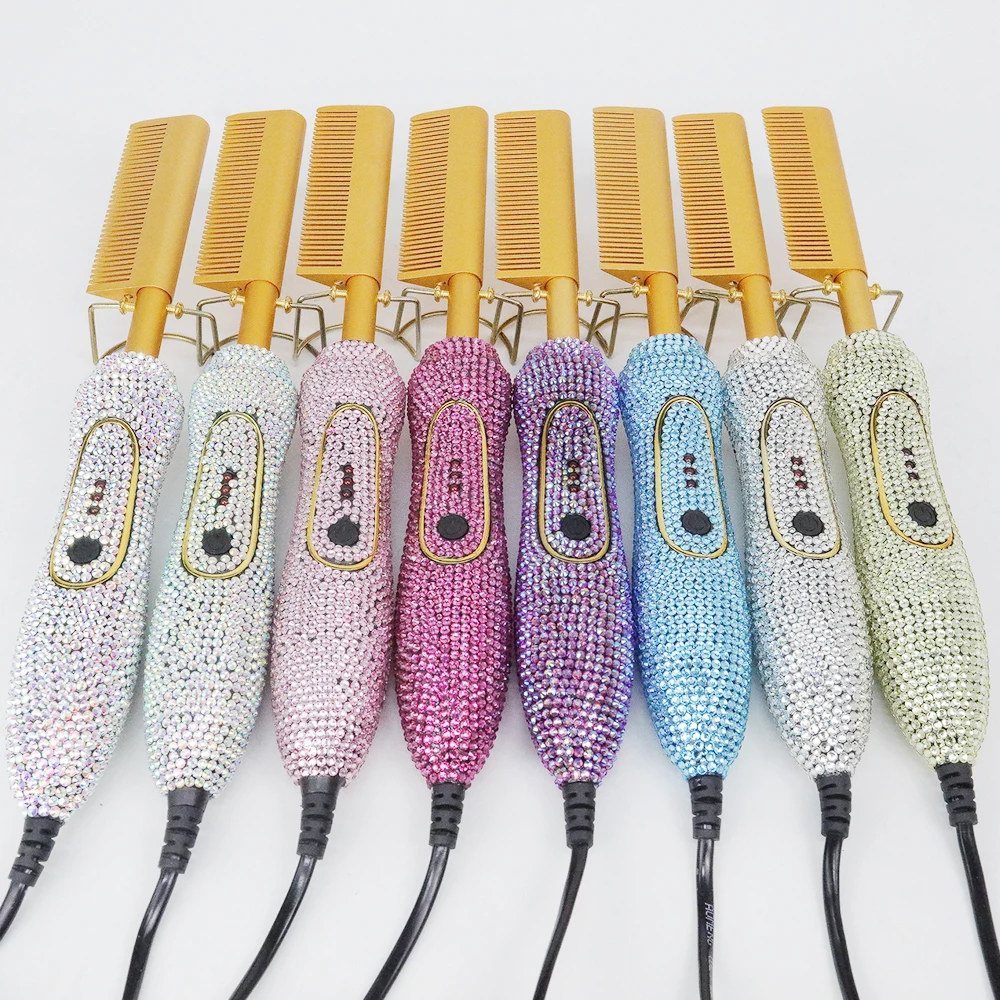 Bling Diamond Handle Electric Hot Comb Hair Straightening Heat Pressing Comb Multifunctional Copper Hair Straightener Brush