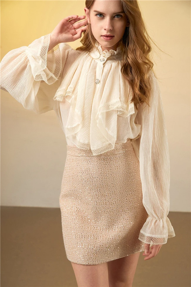 2022 Autumn Elegant Long Sleeve Button Up Ruffle Chiffon Women Blouse