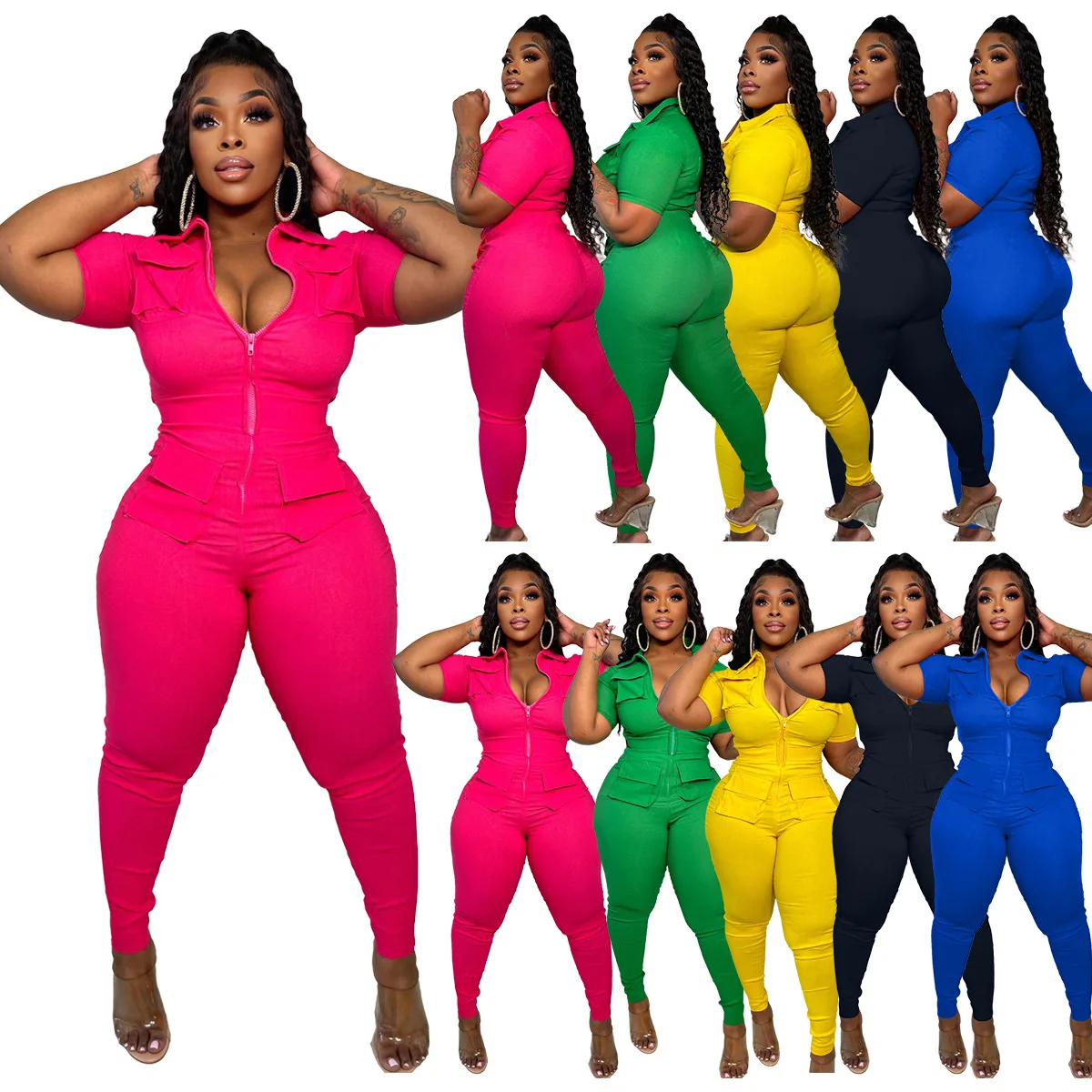 4x plus size jumpsuits with packet women playsuits with zipper Solid color short sleeve bodysuit