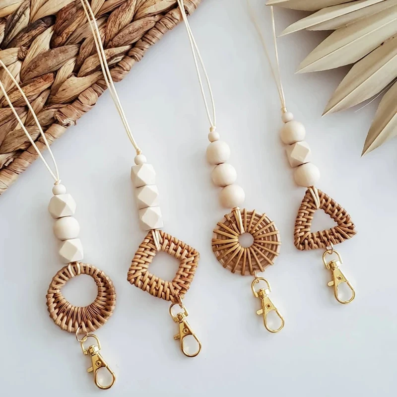 Boho Rattan Lanyard,Natural Wood Beads Teacher Lanyard With Key ID Card Badge Holder Nurse Students Gift