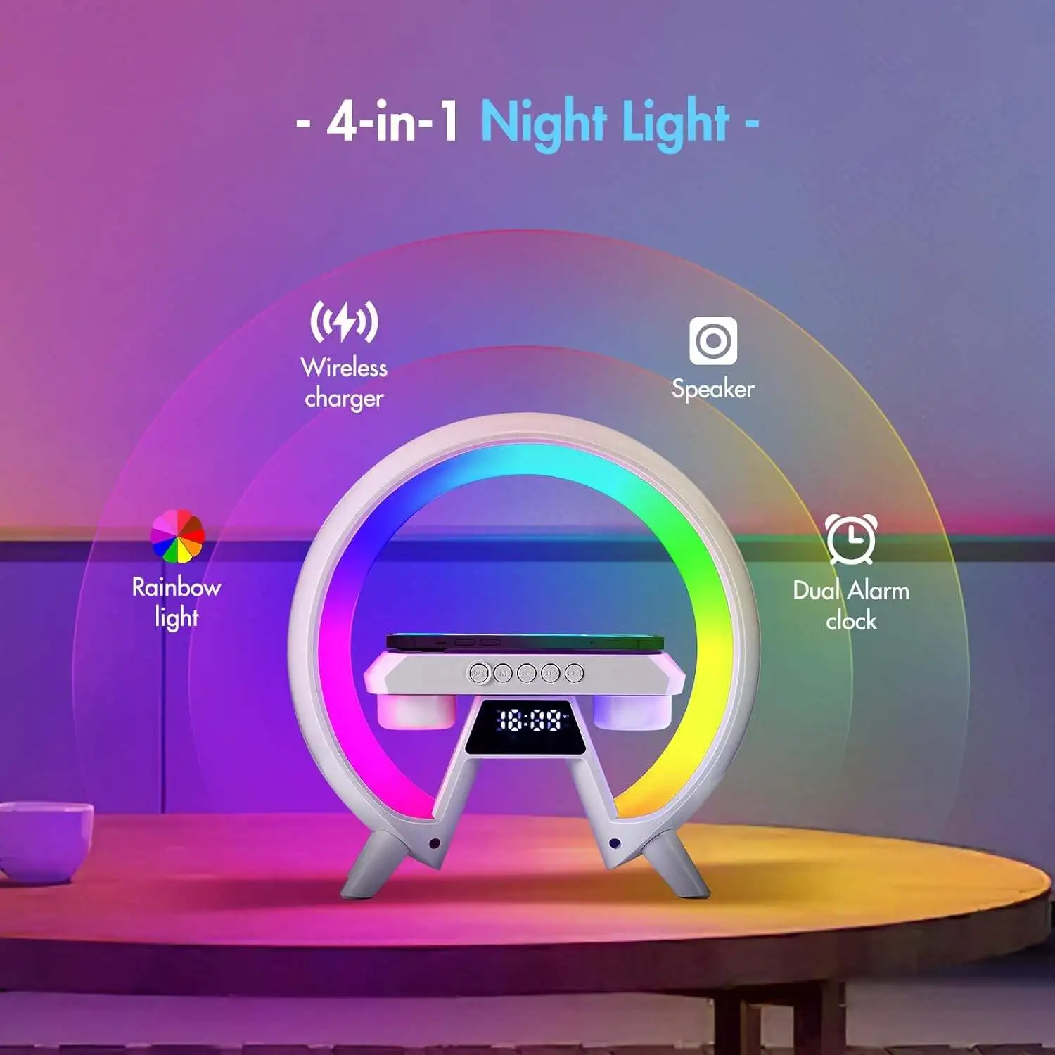 Wireless Fast Charging Dock Station Bluetooth Speaker Alarm Clock Desk Lamp RGB Colorful Light Charger for Smartphone