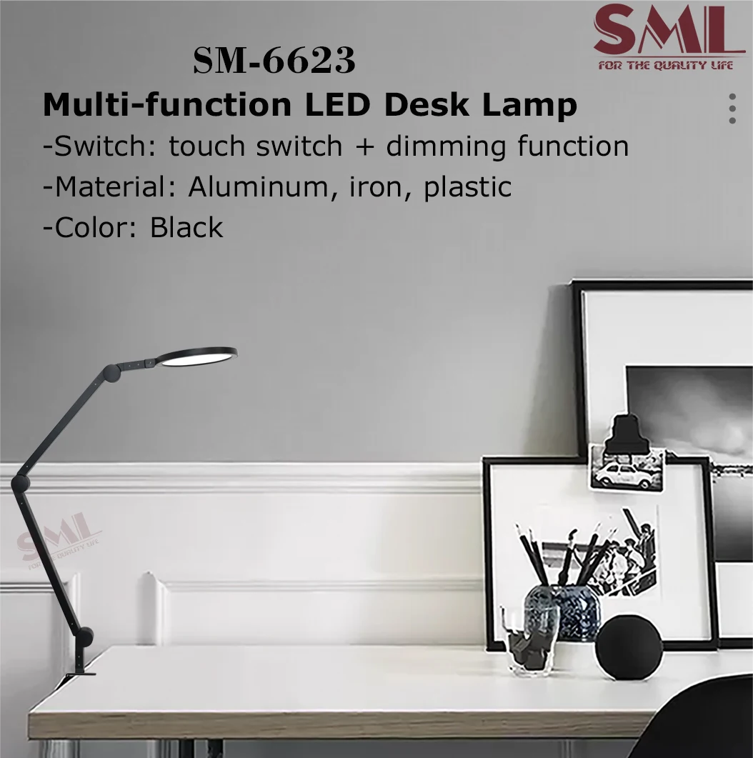 SML Black 12W Table Clip Lamp  Aluminum Iron Adjustable Angel Eye Protection LED Desk Table Lamp