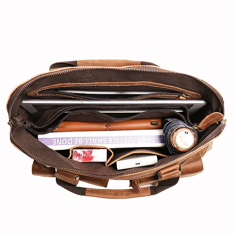 Mens Messenger Bag  Vintage Genuine Leather Briefcase Large Satchel Shoulder Bag Rugged Leather Computer Laptop Bag, Brown