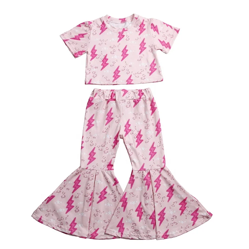 Hot selling wholesale RTS two pieces printing girl clothes set little kids op bell bottom clothing set