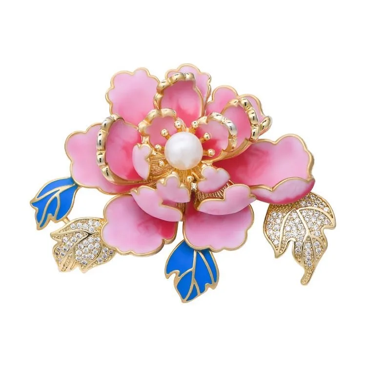 New Luxurious Peony Flower Broach Women Elegant Enamel Hand-Painted Pearl Corsage Dress Cheongsam Pin Wholesale