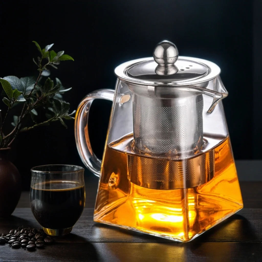 Transparent Heat Resistant Square Shape borosilicate Glass Teapot with Stainless Steel Infuser glass kettle with filter