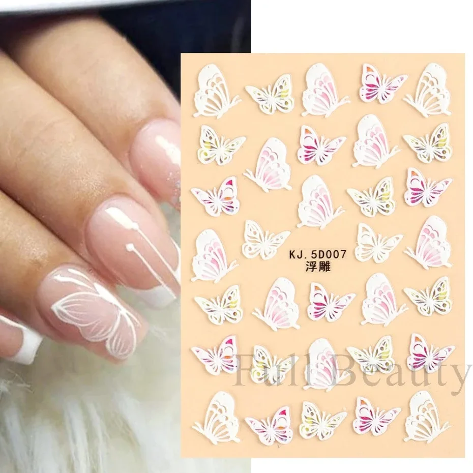 5D Embossed Nail Stickers White Lace Flowers Nail Art Decals Foils Sliders Winter Decorations Gel Polish Designer Dropshipping