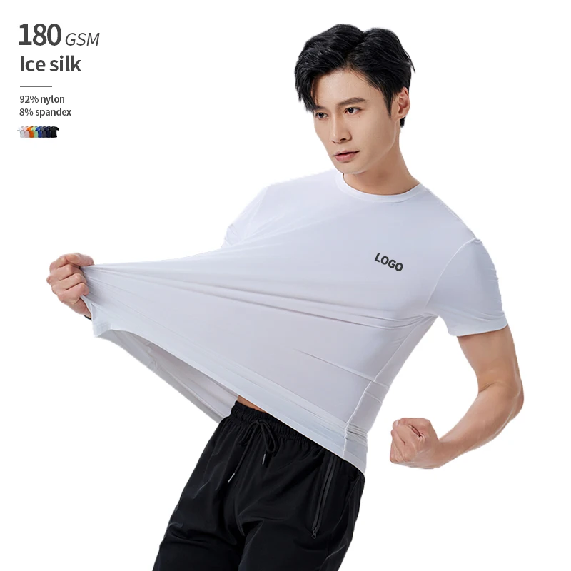 180 GSM Elasticity Ice Silk 92% Nylon 8% Spandex Custom Logo Short Sleeves T- Shirt For Men