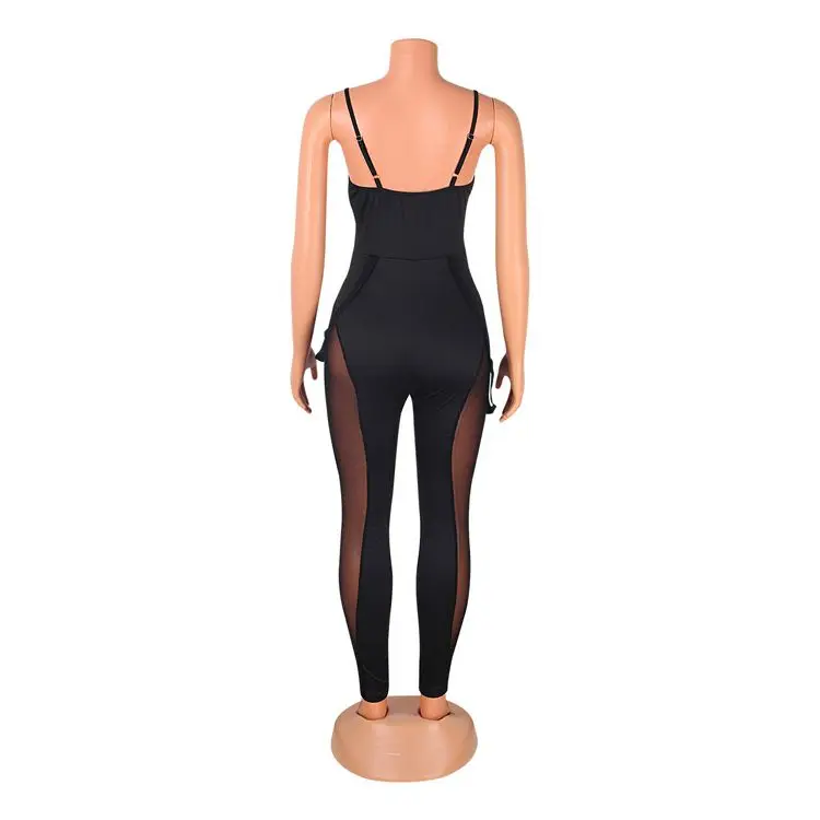 2021 Womens Solid Bodycon Jumpsuit One Piece Sleeveless  Strap Belted Skinny Pants With Pocket